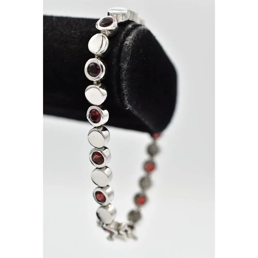 925 Sterling Silver Tennis Chain Bracelet Red Rhinestone Crystal Signed BinO